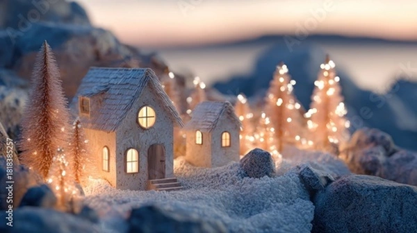 Obraz glowing holiday decorations in home on a mountain top,