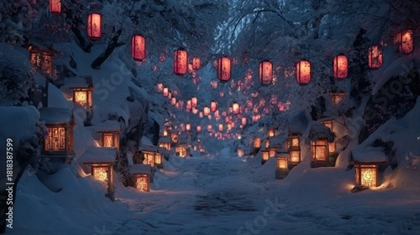 Fototapeta glowing lanterns lining snow-covered pathway