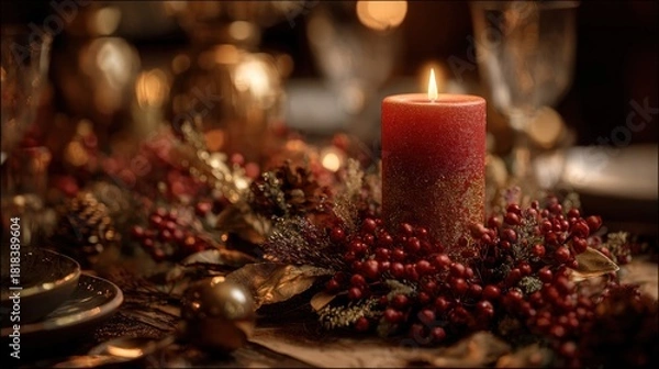 Obraz glowing red and gold candle centerpiece on holiday table