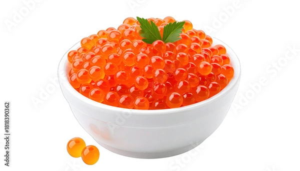Fototapeta Bowl overflowing with bright orange, translucent spheres, accented by green leaves