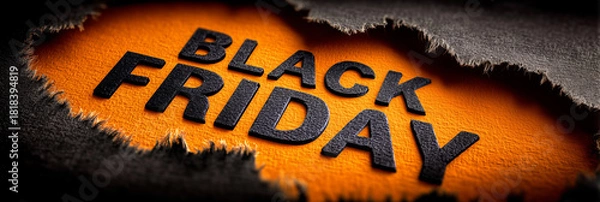 Fototapeta Extreme close-up of torn black paper revealing bold “Black Friday” letters on vibrant orange background with copy space. Perfect for promotional visuals, sale ads, retail promotions. Generative AI.