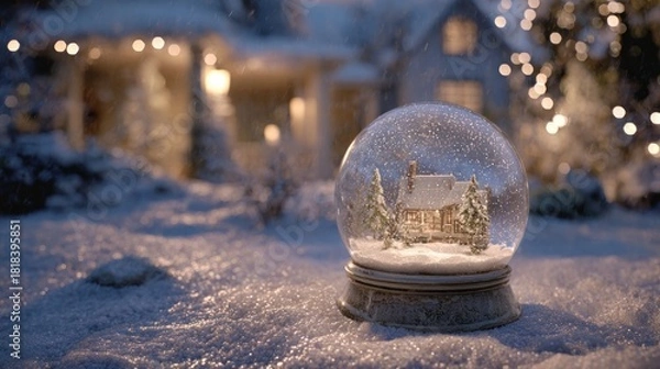 Fototapeta glowing snow globe scene during a gentle snowfall,