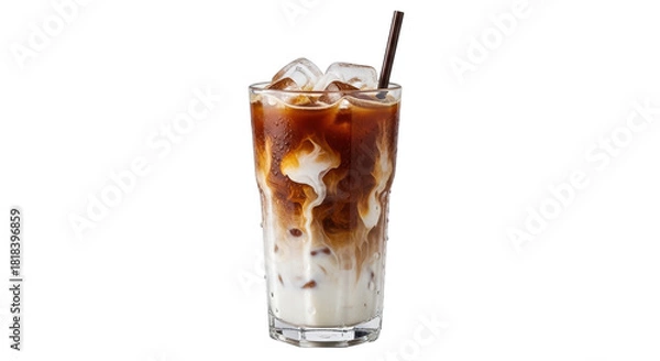 Fototapeta Iced coffee with milk, ice cubes, and straw in a clear glass