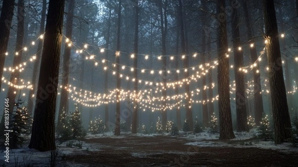 Fototapeta glowing winter forest with lights at a holiday party,
