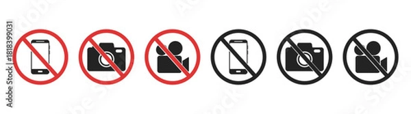 Fototapeta No phone, camera and photo prohibition signs — red forbidden icons, stop and caution symbols, no recording pictograms, isolated vector set on transparent background