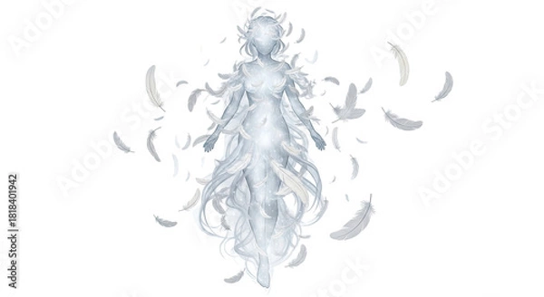 Obraz Ethereal translucent figure composed of light and feathers, floating gracefully on a white background.