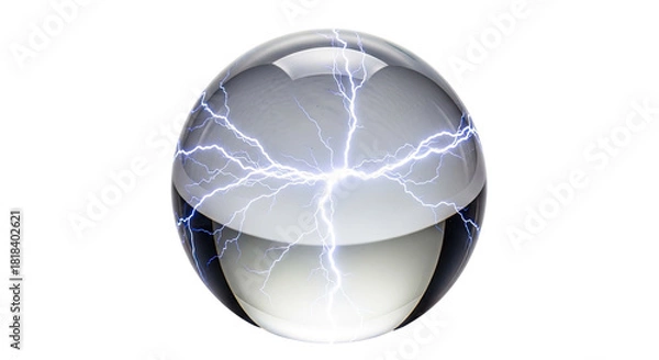 Obraz A clear glass sphere with blue electrical discharges resembling lightning inside, isolated on a white background.