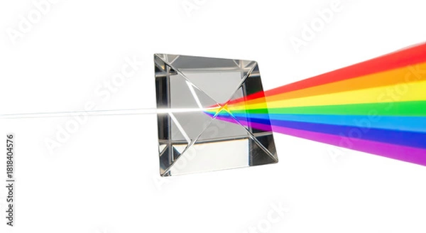 Obraz A clear glass triangular prism refracting a beam of white light into a vibrant rainbow spectrum on a white background.