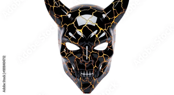 Obraz A black and gold cracked demonic mask with horns and sharp teeth, front view.