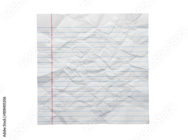 Fototapeta Crumpled lined paper PNG isolated on transparent background, realistic notebook sheet with blue lines and red margin for design use