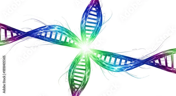 Obraz A vibrant, colorful illustration of multiple DNA double helix strands radiating from a central light, forming a flower-like genetic pattern.