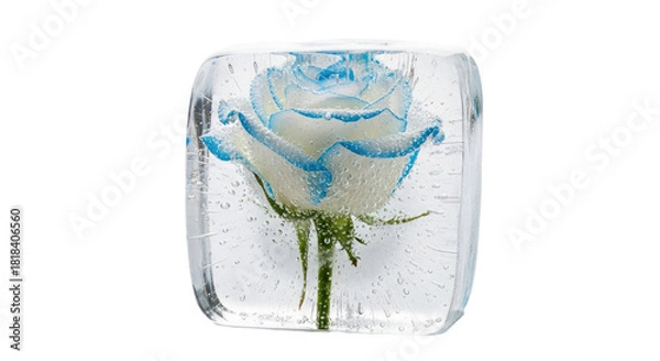Obraz A white rose with blue-tipped petals frozen inside a clear ice cube on a white background.