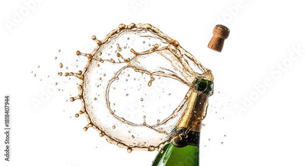 Obraz Champagne bottle popping with a cork flying and liquid splashing in a dynamic burst against a white background.