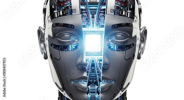 Obraz A detailed, close-up view of a futuristic robot head with glowing central processor.