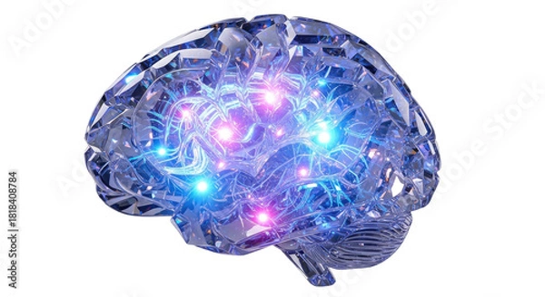 Obraz A glowing crystalline brain model with active neural connections, symbolizing thought and intelligence.