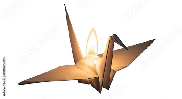 Obraz Glowing origami paper crane with a light source inside against a white background.