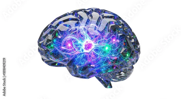 Obraz A glowing, transparent human brain model illustrating complex neural activity and thought processes.