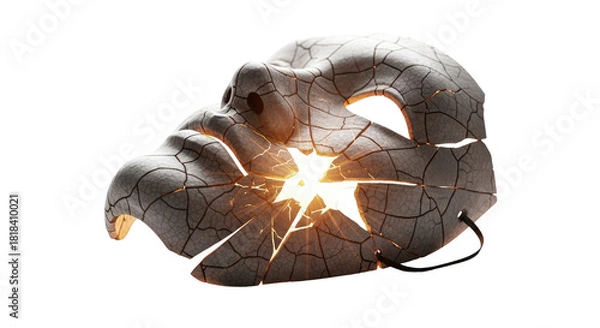 Obraz A cracked, textured mask with a bright star-shaped light emanating from its broken center, against a white background.