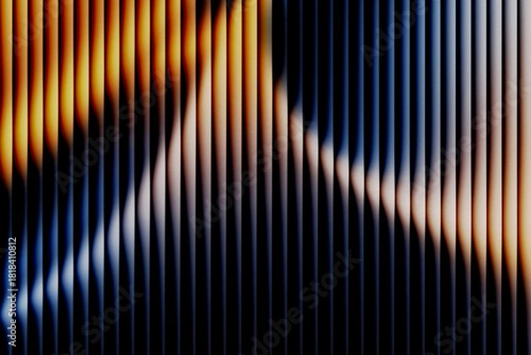 Obraz Abstract blurred vertical lines background with grain noise texture, dark orange and blue gradient stripes, retro futuristic synthwave style pattern for digital design and wallpaper.