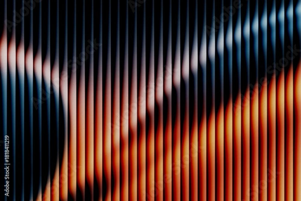 Obraz Abstract blurred vertical lines background with retro film grain texture, orange and dark blue gradient stripes, distorted geometric pattern, modern noise effect wallpaper