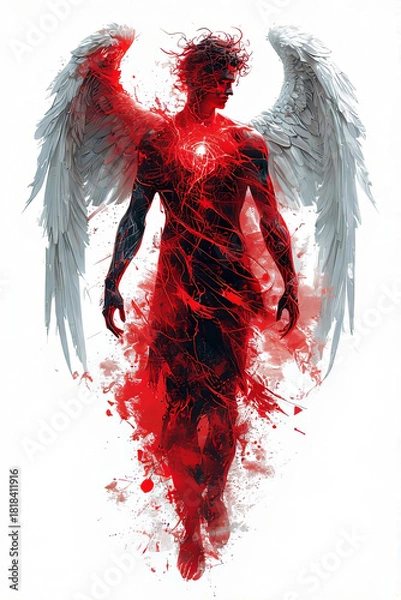 Fototapeta Fallen Angel with White Wings and Glowing Red Heart: Dramatic Silhouette in Red Energy Bursts on White Background for Fantasy Art
