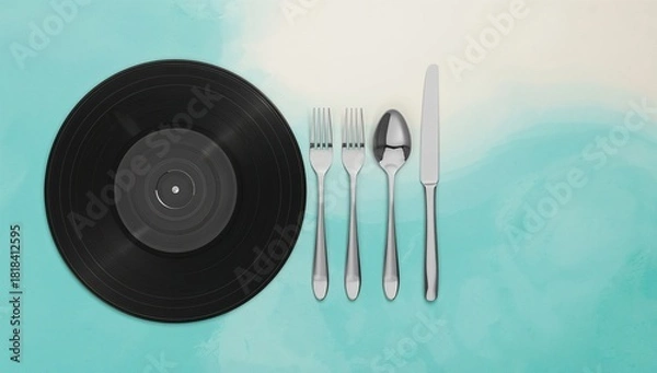 Obraz Vinyl record and cutlery set, combining music enjoyment with culinary creativity
