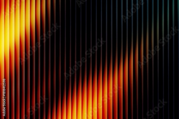 Fototapeta Dark abstract background with vertical orange stripes and ribbed texture featuring a fiery golden glow and modern linear pattern for futuristic wallpaper design.