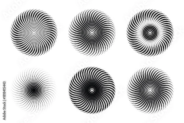 Obraz Set of Six Abstract Black Halftone Swirl and Sunburst Radial Design Elements