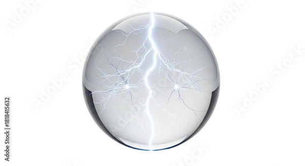 Obraz A clear glass sphere with internal electrical discharges resembling lightning, on a white background.