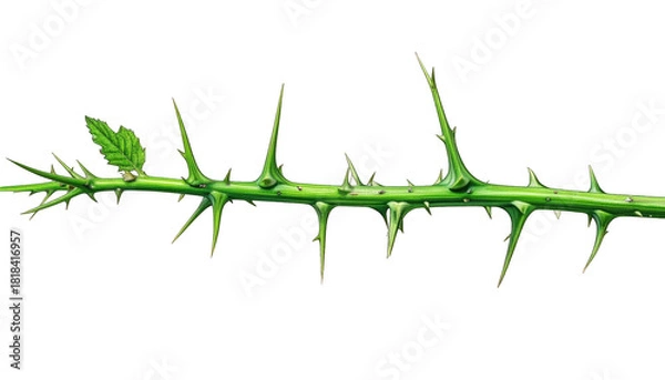 Obraz Digitally rendered stem showcasing sharp, green thorns, and a single leaf, on black background