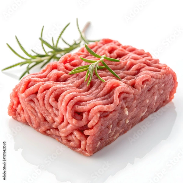 Fototapeta A portion of raw minced meat is isolated on a white background, highlighting its texture, freshness,