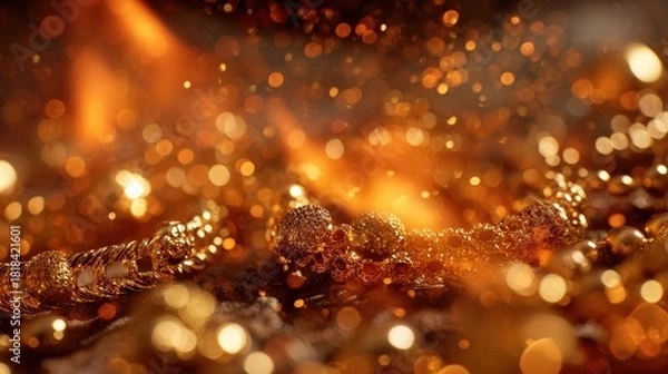 Fototapeta gold ornaments reflecting warm firelight,
