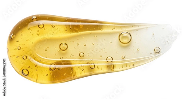 Fototapeta Golden transparent gel smudge with bubbles on white background