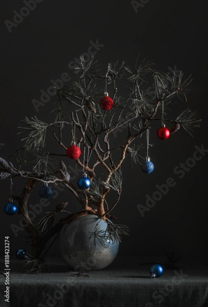 Fototapeta Pine branch with colorful layers. In anticipation of Christmas and New Year.