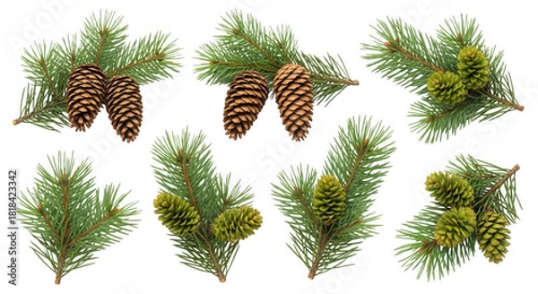 Fototapeta Assortment of evergreen branches with mature brown and green cones