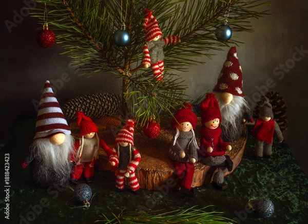 Obraz Pine branch with colorful layers and fun toys. In anticipation of Christmas and New Year.