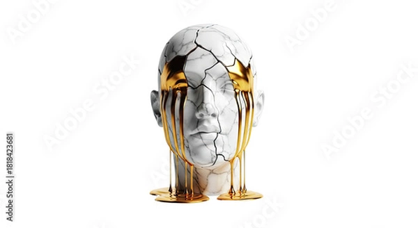 Obraz Cracked white marble head with golden tears dripping from its eyes, symbolizing fragility and precious emotion.