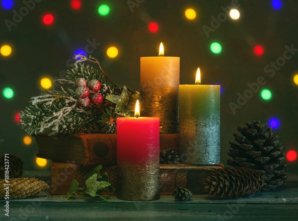 Fototapeta Burning candles create a festive mood. In anticipation of Christmas and New Year.