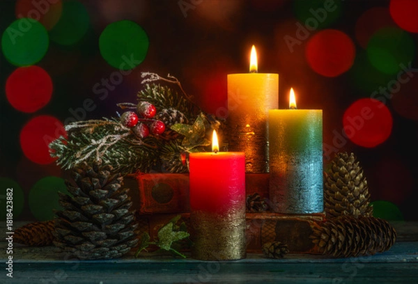 Obraz Burning candles create a festive mood. In anticipation of Christmas and New Year.