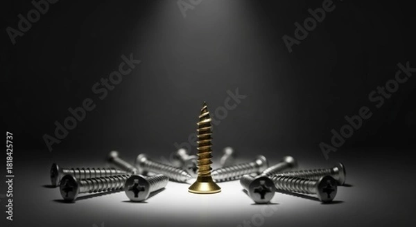 Fototapeta Single gold screw standing vertically surrounded by silver screws lying flat on dramatic dark surface with spotlight effect