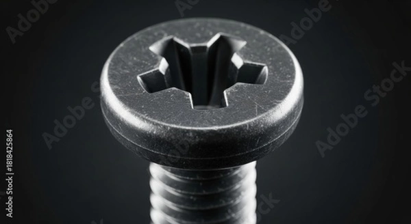 Fototapeta Extreme closeup of metal screw head showing detailed star-shaped drive pattern and threaded shaft on black background in monochrome