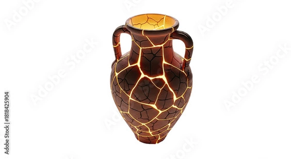 Obraz A brown ceramic vase with a glowing cracked mosaic pattern and two handles, isolated on white.