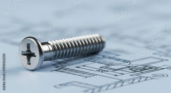 Fototapeta Silver Phillips head screw resting on blue-toned architectural blueprint with technical drawings showing construction design and measurements