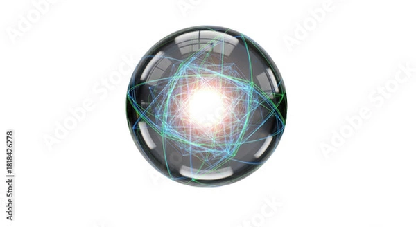 Obraz A glossy dark sphere with a glowing core and intricate blue-green energy lines inside, against a white background.