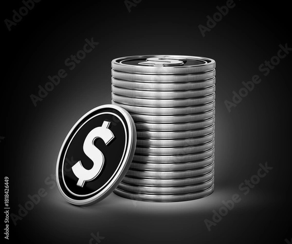 Obraz Sleek Silver And Black United States Dollar Rounded Coins Stack On dark Background 3d Illustration