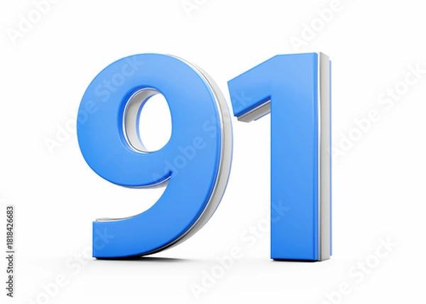Fototapeta 3D Number 91 Ninety One Made Of Blue Body With Silver Outline On White Background 3D Illustration