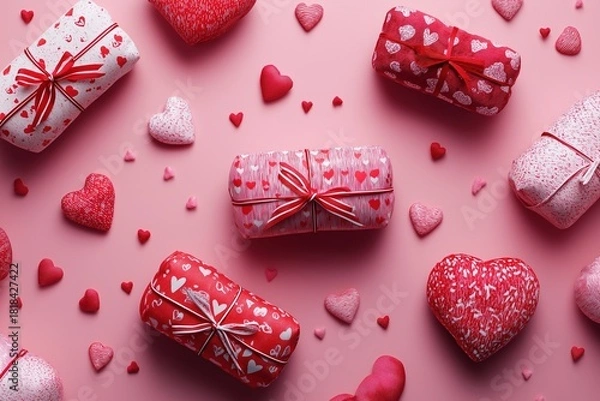 Fototapeta Valentine's Day gifts with heart-shaped wrapping on pink background, creating a romantic and festive setting, ideal for holiday marketing and love-themed concepts.