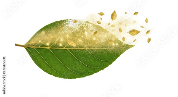 Obraz A vibrant green leaf partially covered in shimmering golden dust, with particles gently drifting away.