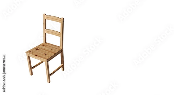 Obraz A simple, light brown wooden chair with a slatted backrest and square seat, viewed from an elevated angle on a white background.