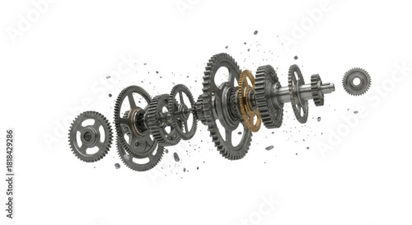 Obraz Exploded view of a complex mechanical gear assembly with various cogwheels and a central shaft.